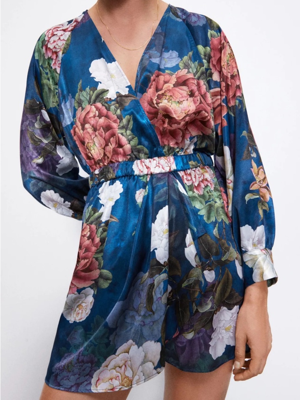 Zara Teal Floral Satin Romper - Picture 5 of 13